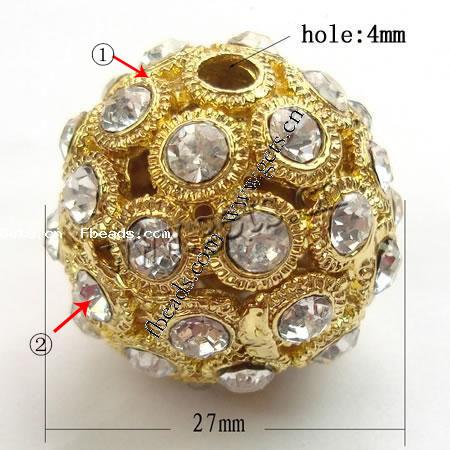 Boule strass Spacer, avec alliage de zinc, Rond, Placage, plus de couleurs à choisir, 27mm, Trou:Environ 4mm, Vendu par PC