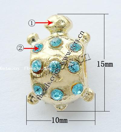 Perles European de stras d'alliage de Zinc , tortue, Placage, sans filetage & avec strass, plus de couleurs à choisir, protéger l'environnement, sans nickel, plomb et cadmium, 15x10x8mm, Trou:Environ 4mm, Vendu par PC