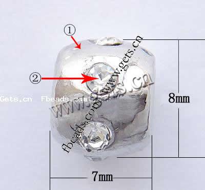 ラインス トーン亜鉛合金パンドラ ビーズ, 亜鉛合金, ドラム形, メッキ, ネジ無 & ライン石のある, 無色, ニッケル、鉛、カドミウムフリー, 8x7mm, 穴:約 3mm, 売り手 パソコン