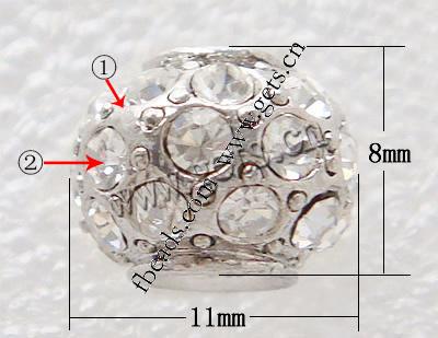 Granos de Rhinestone de Europeo , diamantes de imitación, con aleación de zinc, Toroidal, chapado, más colores para la opción, libre de cadmio, 8x11mm, agujero:aproximado 4mm, Vendido por UD