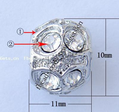 Rhinestone Zinc Alloy European Beads, Drum, plated, without troll & with rhinestone, more colors for choice, nickel, lead & cadmium free, 10x11mm, Hole:Approx 6mm, Sold By PC