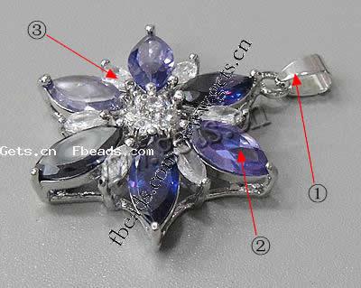 Cubic Zirkonia (CZ) Messing Anhänger, Blume, plattiert, mit kubischem Zirkonia & facettierte, keine, 33x30x10mm, Bohrung:ca. 3-5mm, verkauft von PC