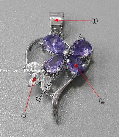 Цирконий (CZ) латунь подвески, Латунь, Сердце, Другое покрытие, с кубическим цирконием & граненый, Много цветов для выбора, 24x18x6mm, отверстие:Приблизительно 3-5mm, продается PC