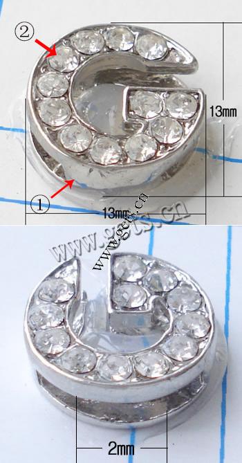 Цинковый сплав Письмо шарм скольжения, цинковый сплав, Буква G, Другое покрытие, с Ближнем Востоке горный хрусталь, Много цветов для выбора, не содержит никель, 13x13mm, продается PC