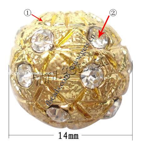 Strass Zinklegierung Perlen, mit Zinklegierung, rund, plattiert, keine, frei von Nickel, 14x14mm, Bohrung:ca. 3.5mm, verkauft von PC