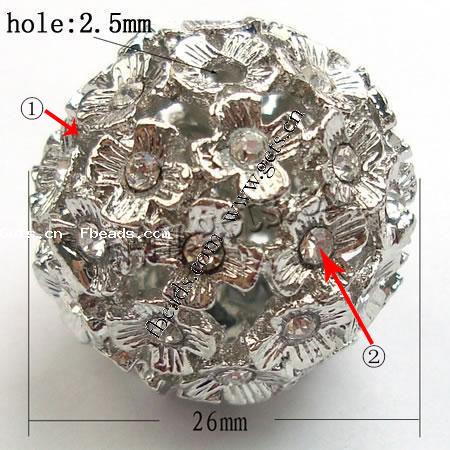 Bola Rhinestone Spacer, diamantes de imitación, con aleación de zinc, Esférico, chapado, más colores para la opción, 26mm, agujero:aproximado 2.5mm, Vendido por UD