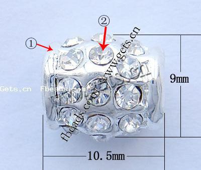 grano Europeo de aleación Zinc con diamante, aleación de zinc, Tambor, chapado, sin rosca & con diamantes de imitación, más colores para la opción, libre de níquel, plomo & cadmio, 9x10.5mm, agujero:aproximado 4mm, Vendido por UD