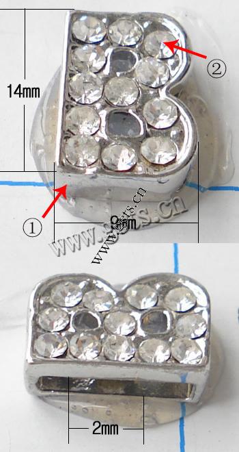 亜鉛合金レタースライドチャーム, 亜鉛合金, アルファベットB, メッキ, 中東ラインストーン入り, 無色, ニッケルフリー, 14x9mm, 売り手 パソコン