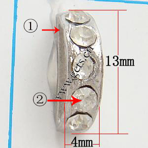 La mitad Ronda Puente Rhinestone Spacer, diamantes de imitación, con aleación de zinc, chapado, enchapado grueso más que los 3μm & con diamantes de imitación de Mideast & 2-sarta, más colores para la opción, libre de níquel, 13x4x6mm, Vendido por UD