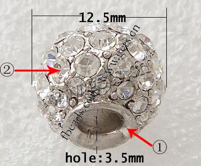 Strass Europa Perlen, mit Zinklegierung, Trommel, plattiert, plattierte Dicke über 3μm, keine, 11x12.5mm, Bohrung:ca. 3.5mm, verkauft von PC