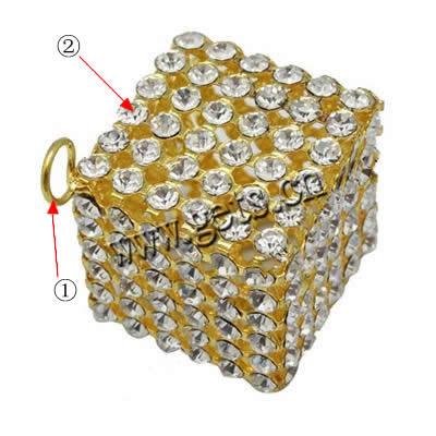 Rhinestone Brass Pendants, Cube, plated, with rhinestone & hollow, more colors for choice, 30x35x22mm, Hole:Approx 4.5mm, 1000PCs/Lot, Sold By Lot