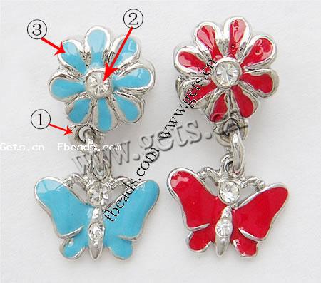 Zinc Alloy European Pendants, Butterfly, plated, with troll & enamel & with rhinestone, more colors for choice, nickel, lead & cadmium free, 24x13mm, Hole:Approx 4mm, Sold By PC