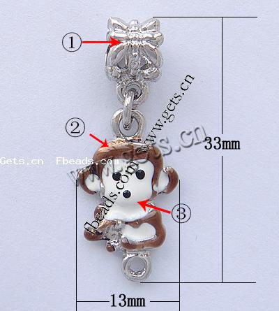 Zinc Alloy European Pendants, Monkey, plated, without troll & enamel, more colors for choice, nickel, lead & cadmium free, 33x13x7mm, Hole:Approx 5mm, Sold By PC