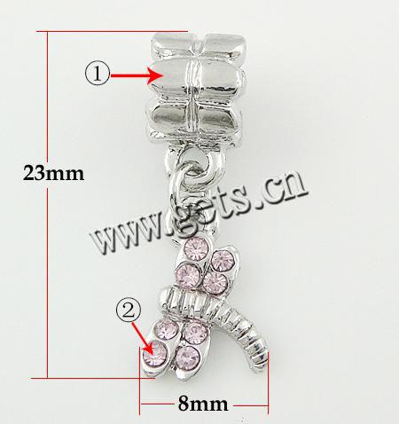 Zinc Alloy European Pendants, Dragonfly, plated, without troll & with rhinestone, more colors for choice, nickel, lead & cadmium free, 18x11x2mm, Hole:Approx 5mm, Length:32 , Sold By PC