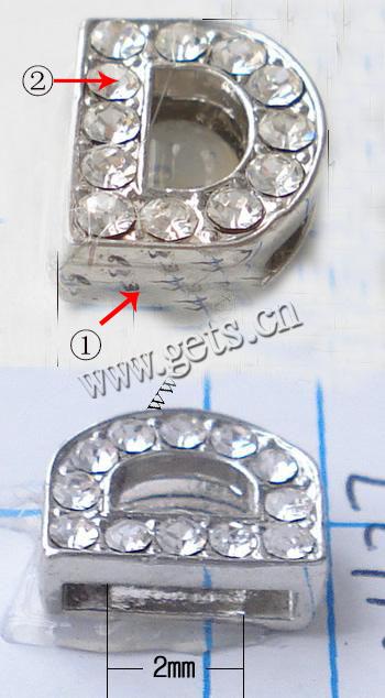 亜鉛合金レタースライドチャーム, 亜鉛合金, アルファベットD, メッキ, 中東ラインストーン入り, 無色, ニッケルフリー, 14x11mm, 売り手 パソコン