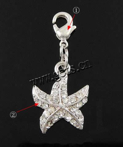 Animal Brass Pendants, Starfish, plated, with rhinestone, more colors for choice, 17x13x3mm, Sold By PC