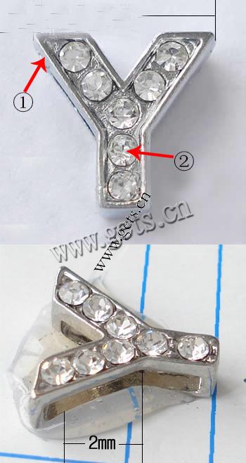 Charme de diapositives en alliage de zinc Lettre, Lettre Y, Placage, épaisseur de bordé plus de 3μm & avec les strass de Moyen-Orient, plus de couleurs à choisir, sans nickel, grade A, 13x13mm, Trou:Environ 2mm, Vendu par PC