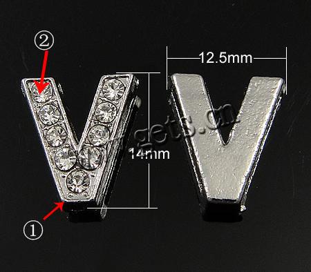 Zink-Legierung Brief Slide Charme, Zinklegierung, Buchstabe V, plattiert, plattierte Dicke über 3μm & mit Strass von Nahost, keine, frei von Nickel, Grade A, 14x12.5x4.5mm, Bohrung:ca. 11x2.3mm, verkauft von PC