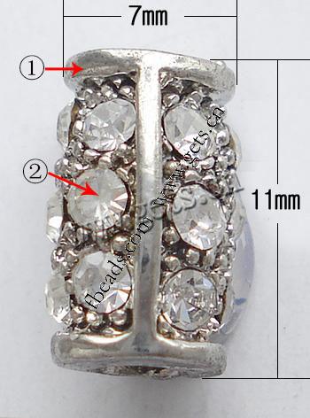 Zinklegierung Rohr Perlen, plattiert, plattierte Dicke über 3μm & mit Strass von Nahost, keine, frei von Nickel, Grade A, 11x7mm, verkauft von PC