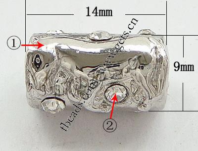 Strass Zink Legierung Europa Perlen, Zinklegierung, Rohr, plattiert, plattierte Dicke über 3μm & mit Strass von Nahost & ohne troll, keine, frei von Nickel, 14x9mm, Bohrung:ca. 4.5mm, verkauft von PC