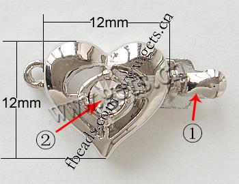 Zinc Alloy Box Clasp, Heart, plated, plating thickness more than 3μm & with Mideast rhinestone & single-strand, more colors for choice, nickel free, 12x12mm, Hole:Approx 1mm, Sold By PC