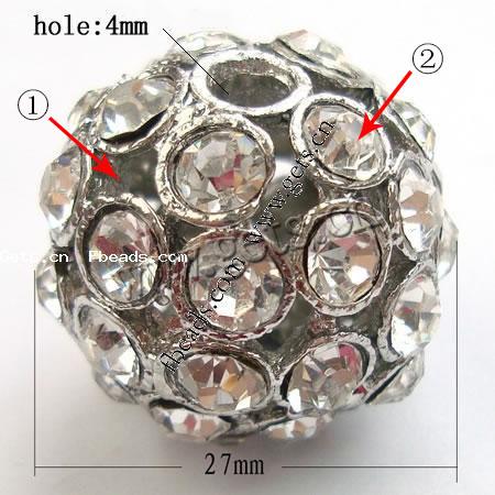 Мяч Rhinestone Spacer, Кристаллы, с цинковый сплав, Круглая, Другое покрытие, Много цветов для выбора, 27mm, отверстие:Приблизительно 4mm, продается PC