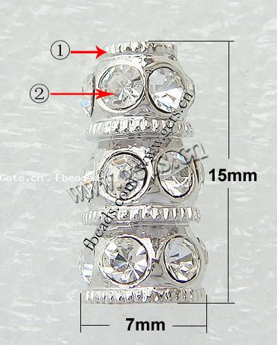 Strass Zinklegierung Perlen, Rohr, plattiert, keine, frei von Nickel, 15x7mm, Bohrung:ca. 3mm, verkauft von PC