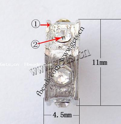 grano Europeo de aleación Zinc con diamante, aleación de zinc, Toroidal, chapado, sin rosca & con diamantes de imitación, más colores para la opción, libre de níquel, plomo & cadmio, 11x11x4.5mm, agujero:aproximado 5.5mm, Vendido por UD