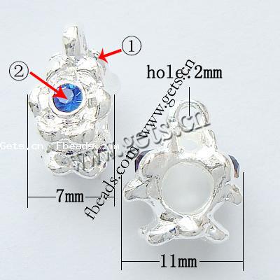 grano Europeo de aleación Zinc con diamante, aleación de zinc, Flor, chapado, sin rosca & con diamantes de imitación, más colores para la opción, libre de níquel, plomo & cadmio, 11x7mm, agujero:aproximado 4.2-4.5mm, Vendido por UD