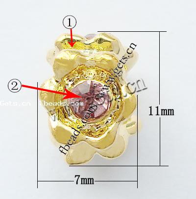 Rhinestone Zinc Alloy European Beads, Flower, plated, without troll & with rhinestone, more colors for choice, nickel, lead & cadmium free, 11x7mm, Hole:Approx 4.2-4.5mm, Sold By PC