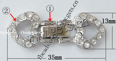 Цинкового сплава Смотреть Band застежка, цинковый сплав, Сердце, Другое покрытие, со стразами, Много цветов для выбора, не содержит никель, свинец, 35x13x4mm, отверстие:Приблизительно 1mm, продается PC