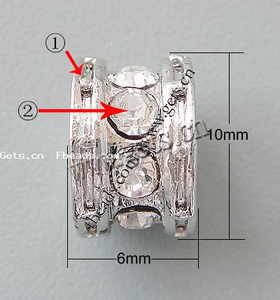 Strass Zink Legierung Europa Perlen, Zinklegierung, Rohr, plattiert, ohne troll & mit Strass, keine, frei von Nickel, Blei & Kadmium, 10x6mm, Bohrung:ca. 4.5mm, verkauft von PC