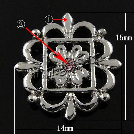 Rhinestone Zinc Alloy Connector, Flower, plated, with rhinestone, more colors for choice, 14x15x3mm, Hole:Approx 1mm, Sold By PC