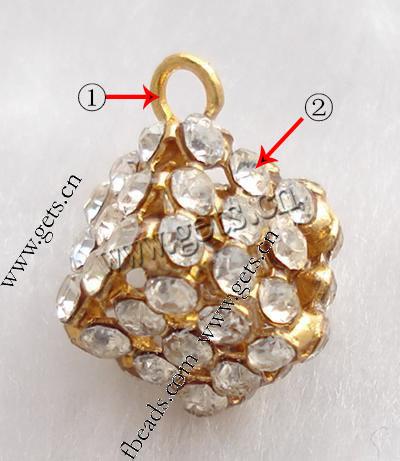 Rhinestone Brass Pendants, with Rhinestone, Cube, plated, more colors for choice, cadmium free, 17x12mm, Sold By PC