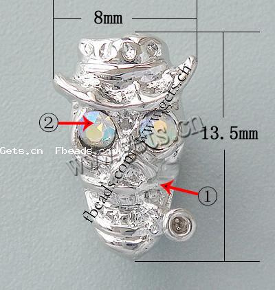 Perles European de stras d'alliage de Zinc , crane, Placage, sans filetage & avec strass, plus de couleurs à choisir, protéger l'environnement, sans nickel, plomb et cadmium, 13.5x8mm, Trou:Environ 4.8mm, Vendu par PC