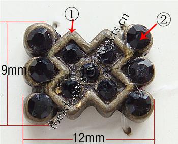 Barra separadora de diamantes de imitación, con aleación de zinc, Rectángular, chapado, enchapado grueso más que los 3μm & con diamantes de imitación de Mideast & 2-sarta, más colores para la opción, libre de plomo & níquel, 12x9x4mm, Vendido por UD