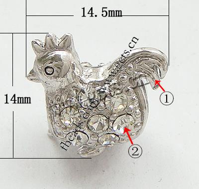 Rhinestone Zinc Alloy European Beads, Cock, plated, plating thickness more than 3μm & with Mideast rhinestone & without troll, more colors for choice, nickel free, 14.5x14mm, Hole:Approx 4.5mm, Sold By PC