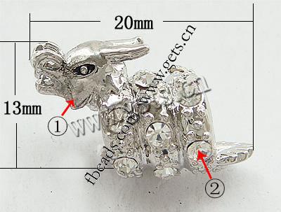 Strass Zink Legierung Europa Perlen, Zinklegierung, Drachen, plattiert, plattierte Dicke über 3μm & mit Strass von Nahost & ohne troll, keine, frei von Nickel, 20x13mm, Bohrung:ca. 4mm, verkauft von PC