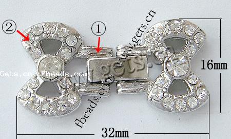 Zink Legierung Uhren Armband Verschluss, Zinklegierung, Schleife, plattiert, mit Strass, keine, frei von Nickel, 29x12x4mm, Bohrung:ca. 1mm, verkauft von PC