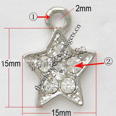 Pendentifs d'étoile en alliage zinc, alliage de zinc, Plaquage normal, avec strass, plus de couleurs à choisir, sans cadmium, 15x15x3mm, Trou:Environ 2mm, Vendu par PC