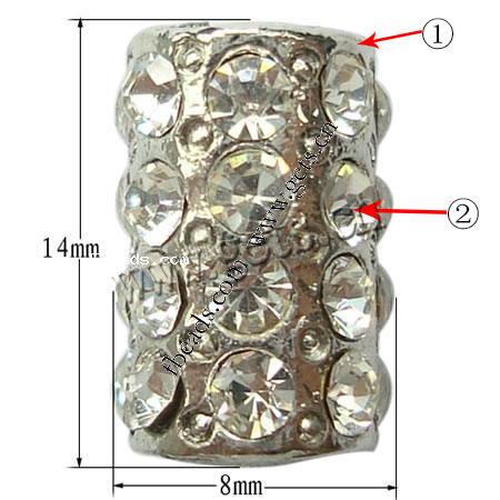 Strass Zinklegierung Perlen, Rohr, plattiert, keine, frei von Nickel, 8x14mm, Bohrung:ca. 1mm, verkauft von PC