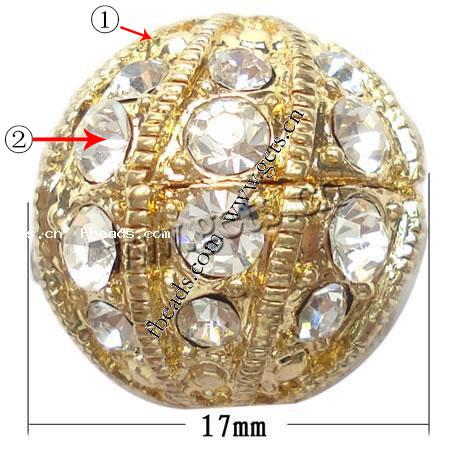 Strass Zinklegierung Perlen, mit Zinklegierung, rund, plattiert, keine, frei von Nickel, 16x17mm, Bohrung:ca. 3mm, verkauft von PC