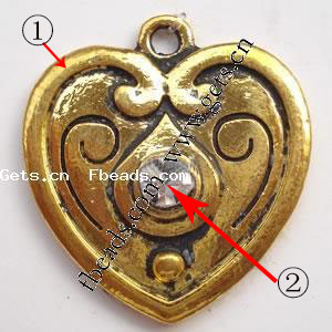 Zinc Alloy Heart Pendants, plated, with rhinestone, original color, cadmium free, 24x22x4mm, Sold By PC