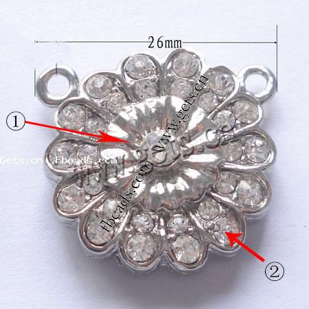 Zinc Alloy Magnetic Clasp, Flower, plated, with rhinestone, more colors for choice, 26x26x8mm, Hole:Approx 2mm, Sold By PC