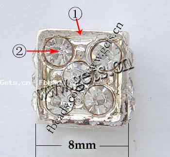 Strass Zink Legierung Europa Perlen, Zinklegierung, Würfel, plattiert, ohne troll & mit Strass, keine, frei von Nickel, Blei & Kadmium, 8x8x8mm, Bohrung:ca. 3.5mm, verkauft von PC