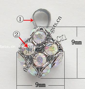 Zink Legierung Strass Anhänger, Zinklegierung, Würfel, plattiert, mit Strass, keine, frei von Nickel, Blei & Kadmium, 9x9x9mm, verkauft von PC