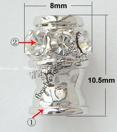 Strass Zinklegierung Perlen, Rohr, plattiert, keine, frei von Nickel, Blei & Kadmium, 10.5x8mm, Bohrung:ca. 3mm, verkauft von PC