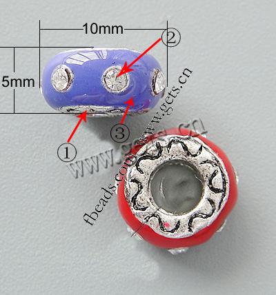 Gota de Europeo de aleación de zinc con esmalte, Toroidal, chapado, sin rosca & con diamantes de imitación & agujero largo, más colores para la opción, libre de níquel, plomo & cadmio, 10x5mm, agujero:aproximado 4.5mm, Vendido por UD