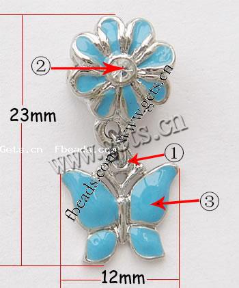 Zinc Alloy European Pendants, Butterfly, plated, with troll & enamel & with rhinestone, more colors for choice, nickel, lead & cadmium free, 23x12mm, Hole:Approx 4mm, Sold By PC