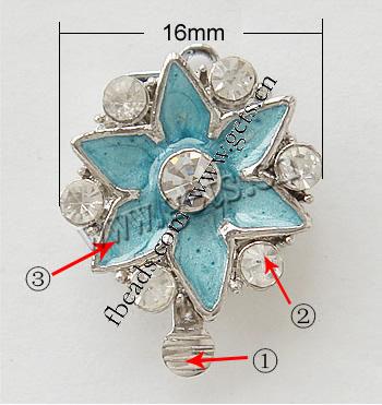 Zinc Alloy Box Clasp, with enamel, Flower, plated, with Mideast rhinestone & enamel & single-strand, more colors for choice, nickel, lead & cadmium free, 16x16mm, Sold By PC